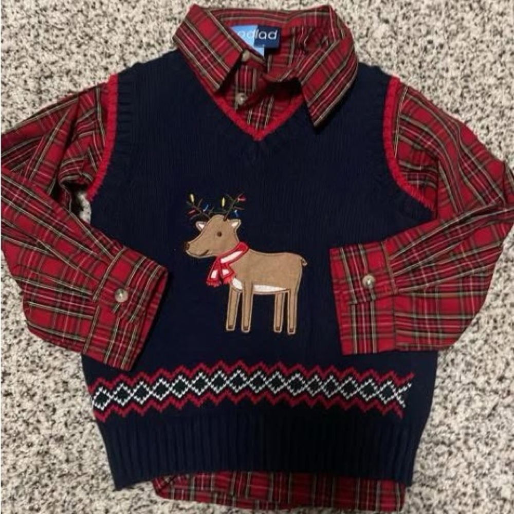 Plaid Shirt and Reindeer Sweater Vest Set